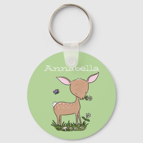 Adorable baby deer and flower cartoon illustration keychain