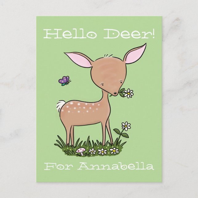 Adorable baby deer and flower cartoon illustration postcard (Front)