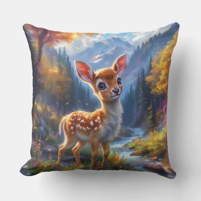 Adorable Baby Deer in an Enchanted Forest Throw Pillow (Front)