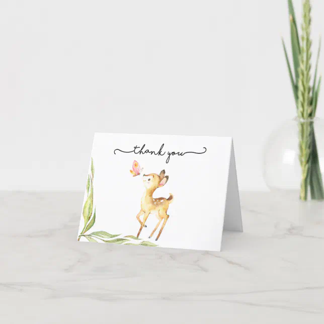 Adorable Baby Deer With Butterfly Baby Shower Thank You Card | Zazzle