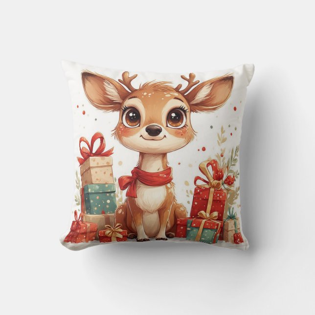Adorable Baby Deer With Festive Antlers Throw Pillow (Front)