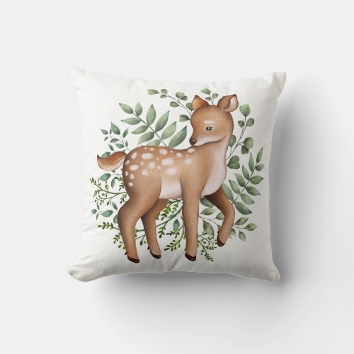 Adorable Baby Deer Woodland Forest Leaves Nursery Throw Pillow