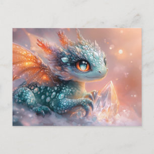 Adorable Baby Dragon with Crystal Gem: Fantasy Art Holiday Postcard