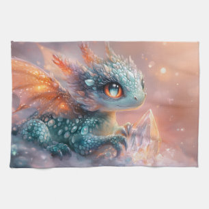 Adorable Baby Dragon with Crystal Gem: Fantasy Art Kitchen Towel