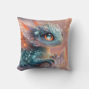 Adorable Baby Dragon with Crystal Gem: Fantasy Art Throw Pillow