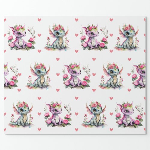 Adorable Baby Dragons  Hearts on White Valentine Wrapping Paper