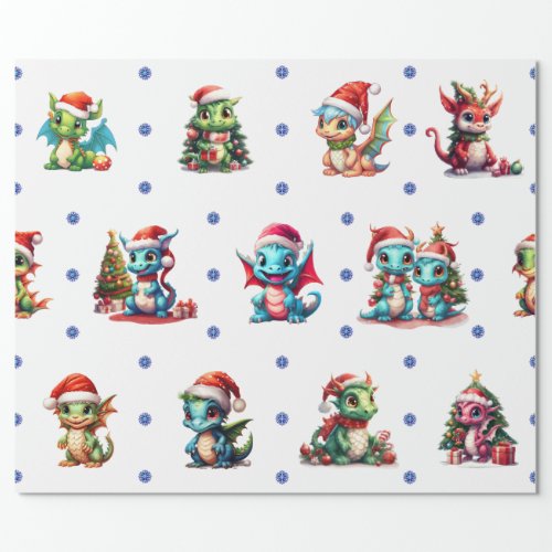 Adorable Baby Dragons  Snowflakes on White  Wrapping Paper