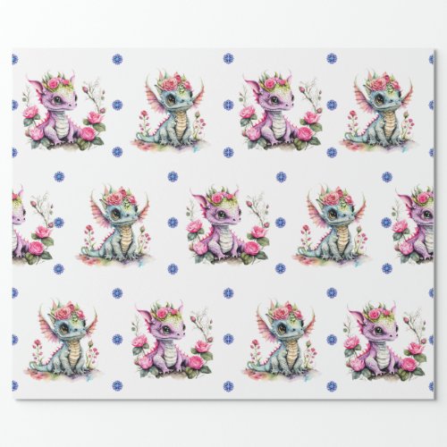 Adorable Baby Dragons  Snowflakes on White  Wrapping Paper