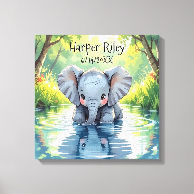 Adorable Baby Elephant and Reflection Personalized Canvas Print (Front)