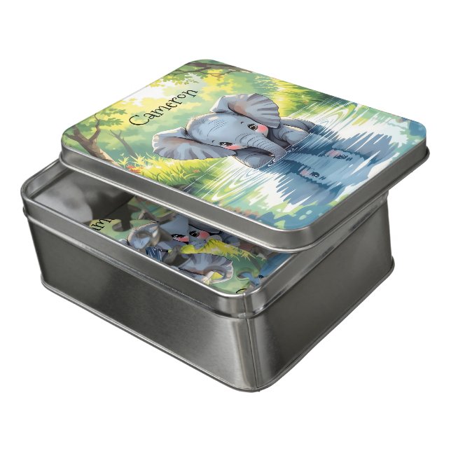 Adorable Baby Elephant and Reflection Personalized Jigsaw Puzzle (Lid Open)
