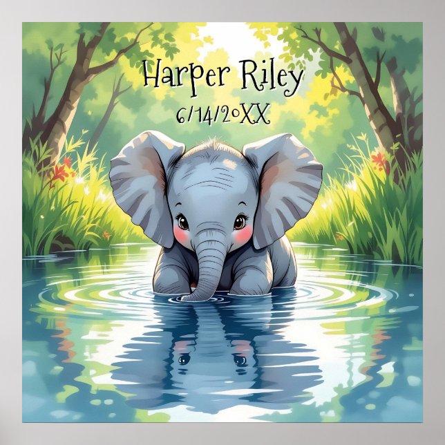 Adorable Baby Elephant and Reflection Personalized Poster (Front)