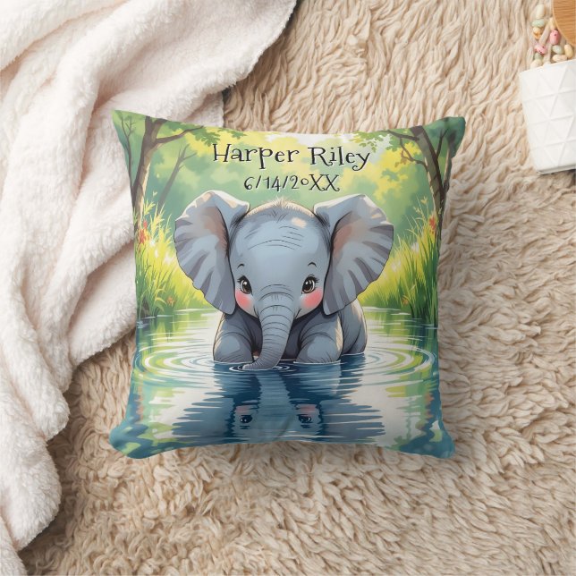 Adorable Baby Elephant and Reflection Personalized Throw Pillow (Blanket)