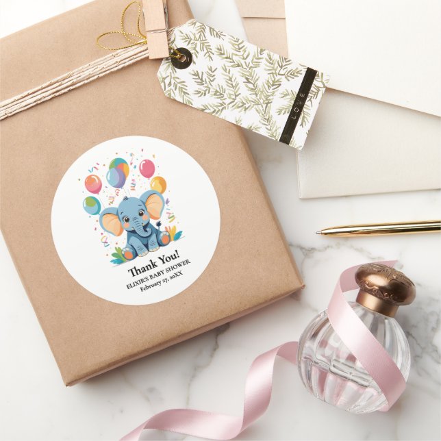 Adorable Baby Elephant Balloons Baby Shower Classic Round Sticker (Gifting)