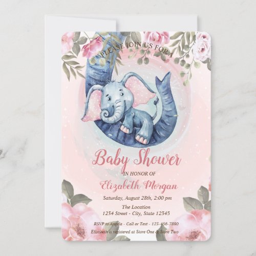 Adorable Baby Elephant Floral Baby Shower Invitation