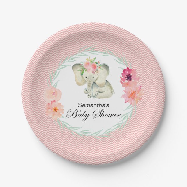 Adorable Baby Elephant Girl Baby Shower Paper Plates (Front)