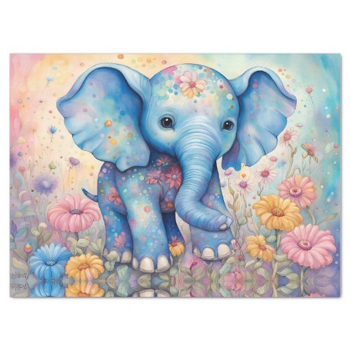 Adorable Baby Elephant In a Pastel Daisy Garden Tissue Paper