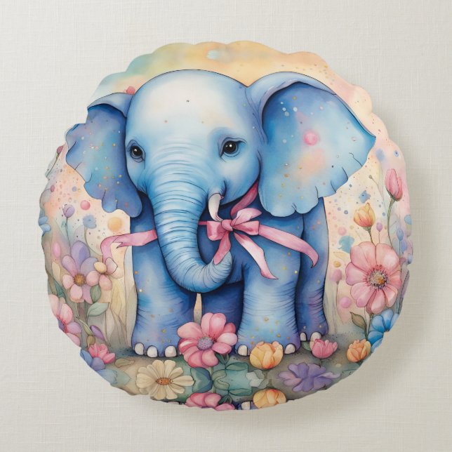 Adorable Baby Elephant In a Pastel Garden Round Pillow (Front)