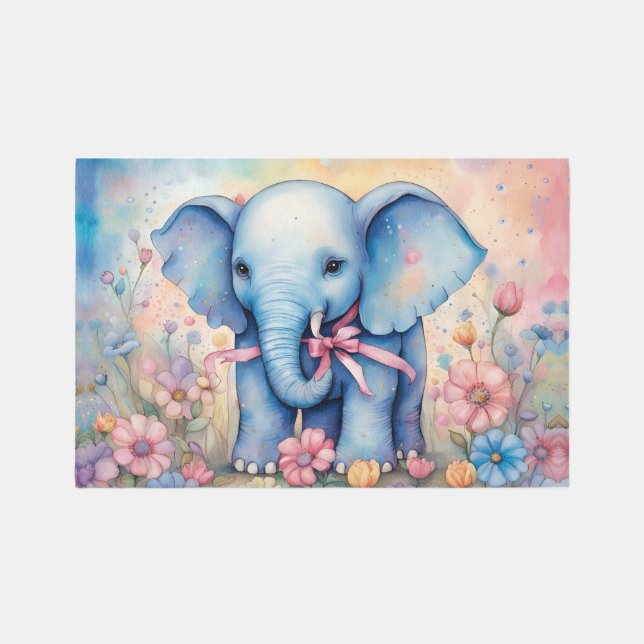 Adorable Baby Elephant In a Pastel Garden Rug (Front)