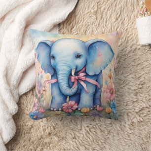 Adorable Baby Elephant In a Pastel Garden Throw Pillow
