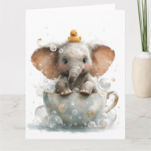 Adorable Baby Elephant in Teacup with Rubber Duck Card