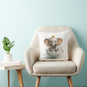 Adorable Baby Elephant in Teacup with Rubber Duck Throw Pillow