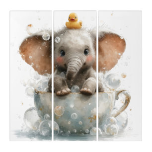 Adorable Baby Elephant in Teacup with Rubber Duck Triptych