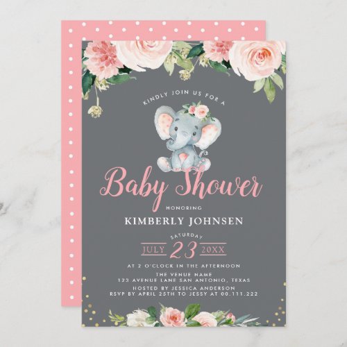 Adorable baby elephant pink floral baby shower invitation