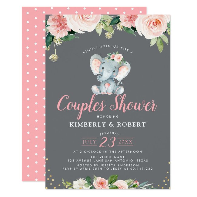 Adorable baby elephant pink floral couples shower invitation