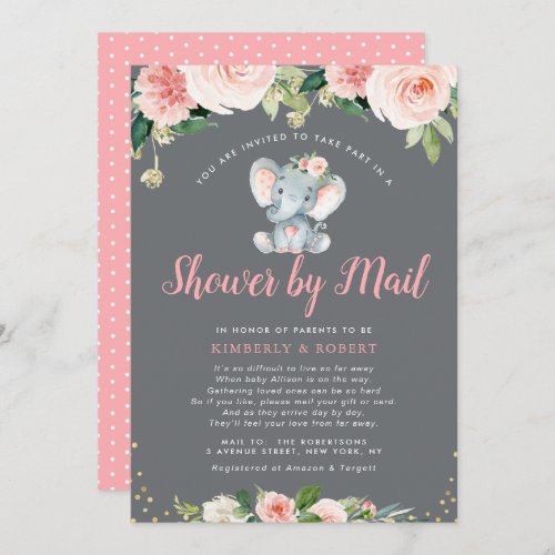 Adorable baby elephant pink floral shower by mail invitation