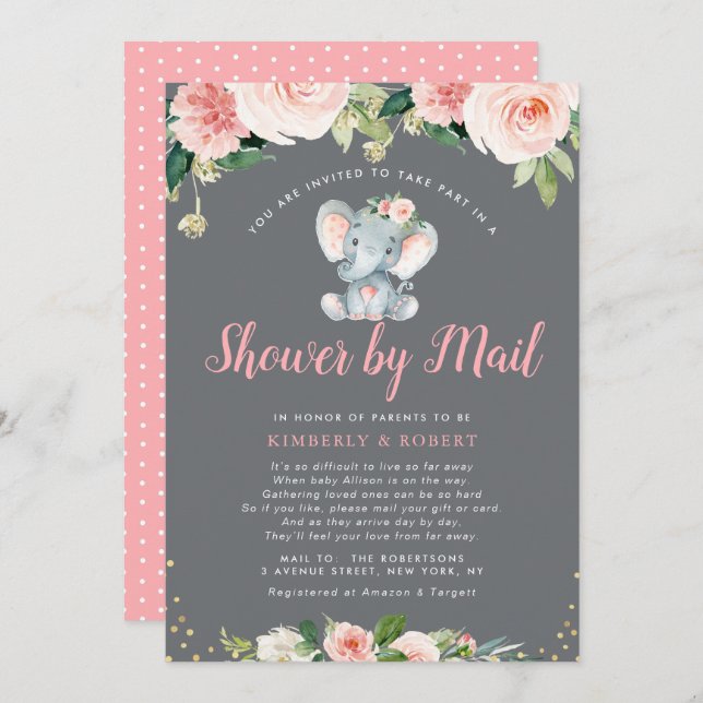 Adorable baby elephant pink floral shower by mail invitation (Front/Back)