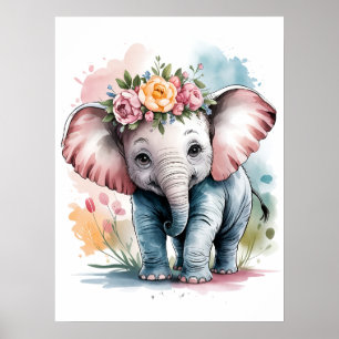 Adorable Baby Elephant with Floral Crown Poster