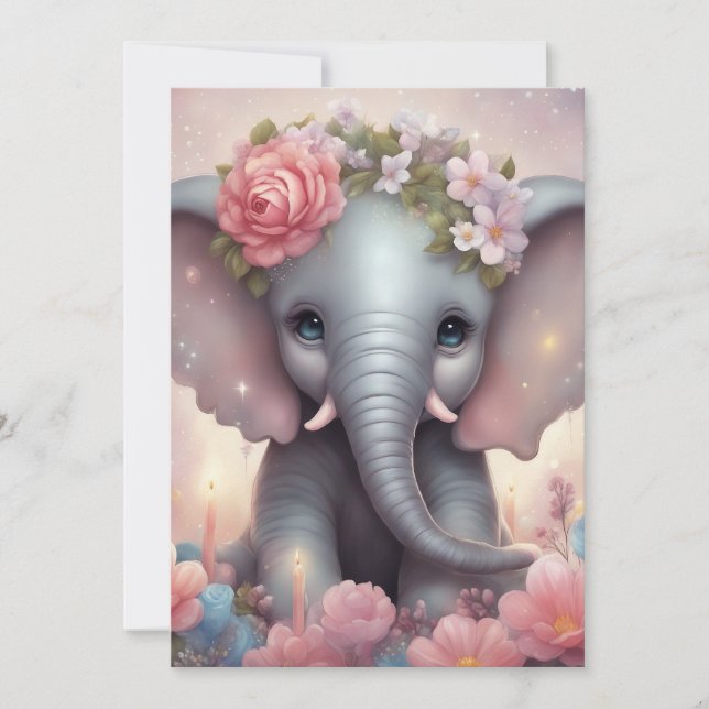 Adorable Baby Elephant with Flowers Holiday Card (Front)