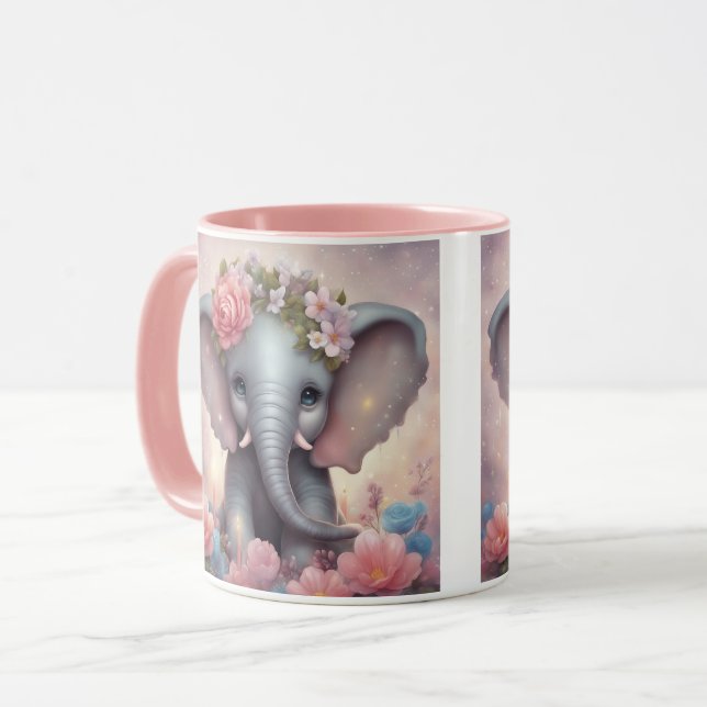 Adorable Baby Elephant with Flowers Mug (Front Left)