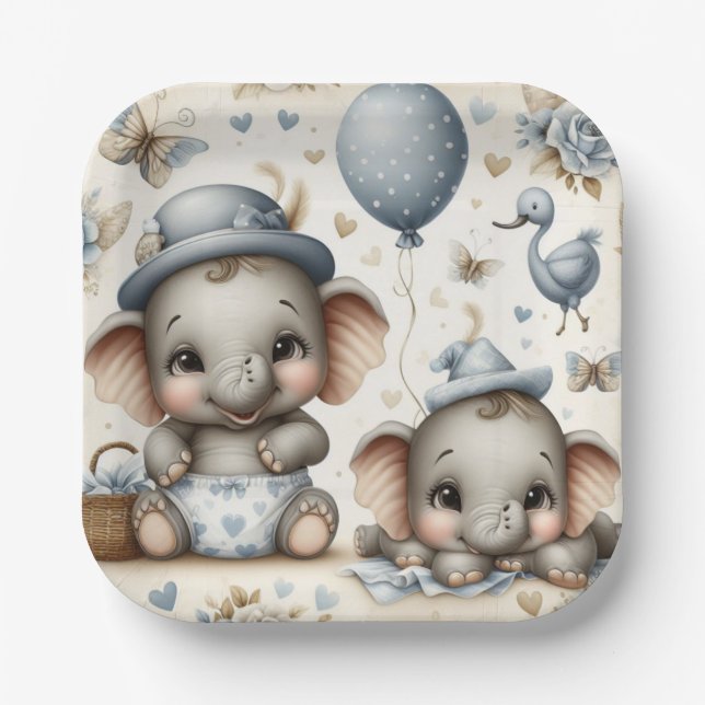 ADORABLE BABY ELEPHANTS IN PASTEL BLUE & TAN PAPER PLATES (Front)