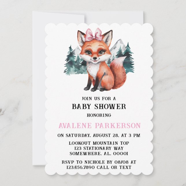 Adorable Baby Fox Watercolor Girl Baby Shower Invitation (Front)