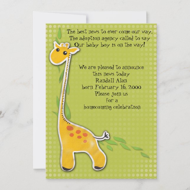 adorable baby giraffe boy adoption announcement (Front)