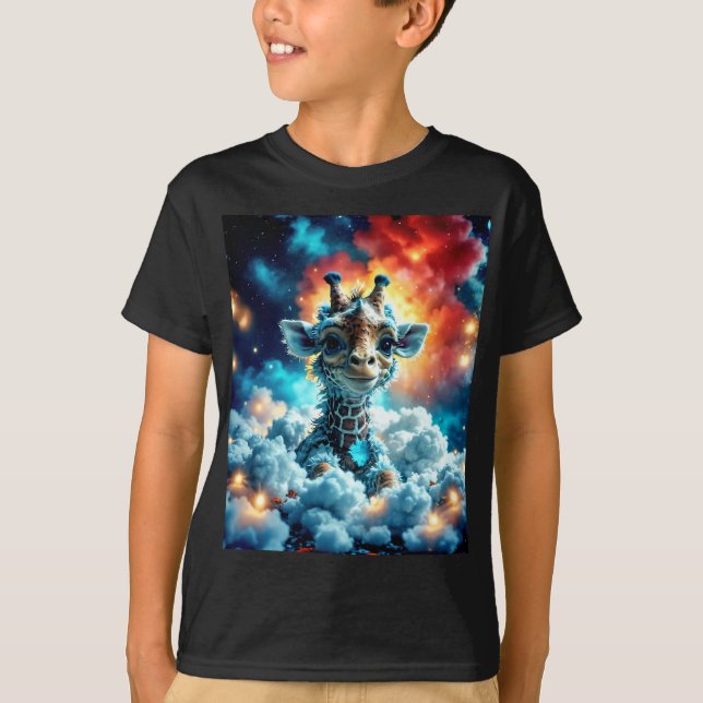 Adorable Baby Giraffe Head in Clouds T-Shirt (Front)