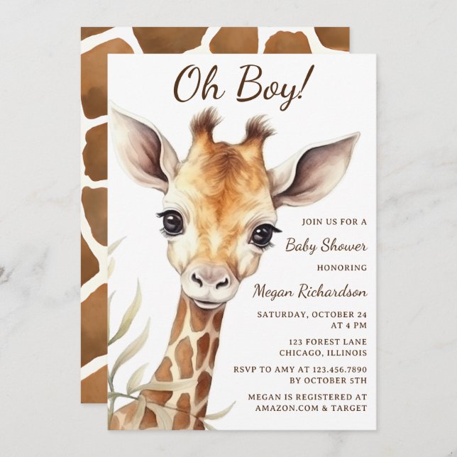 Adorable Baby Giraffe Oh Boy Baby Shower Invitation (Front/Back)