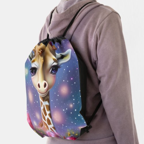 Adorable Baby Giraffe with Holly and Glitter Drawstring Bag