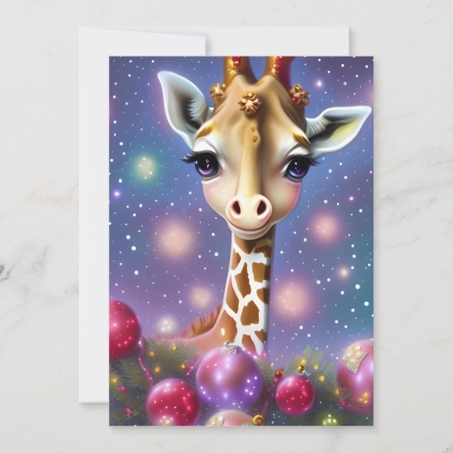 Adorable Baby Giraffe with Holly and Glitter Holiday Card (Front)