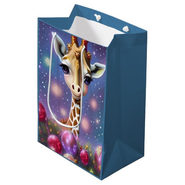 Adorable Baby Giraffe with Holly and Glitter Medium Gift Bag (Front Angled)