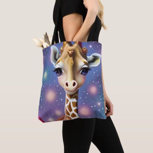 Adorable Baby Giraffe with Holly and Glitter Tote Bag