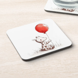 Adorable Baby Giraffe with Red Balloon Beverage Coaster