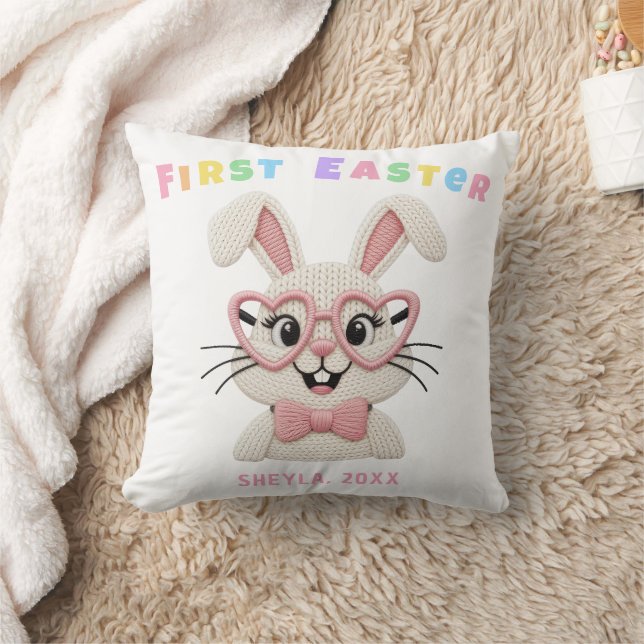 Adorable Baby Girl First Easter Bunny Name Throw Pillow (Blanket)