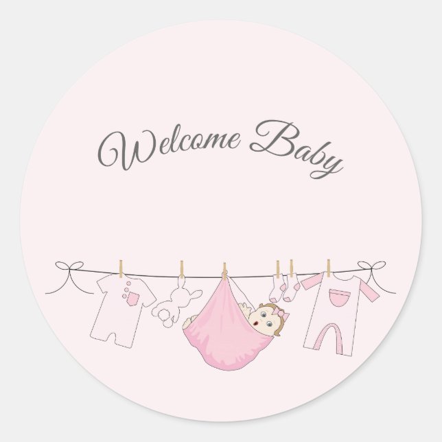 Adorable Baby Girl Shower in Pink and Gray Classic Round Sticker (Front)