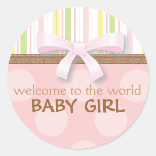 Adorable Baby Girl Stripes + Dots Pink Green w Bow Classic Round Sticker