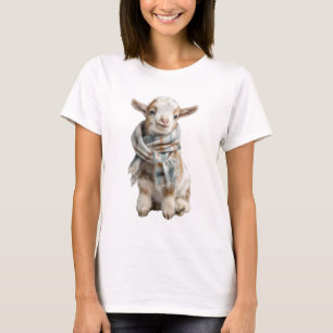 Adorable Baby Goat Wearing Plaid Scarf T-Shirt