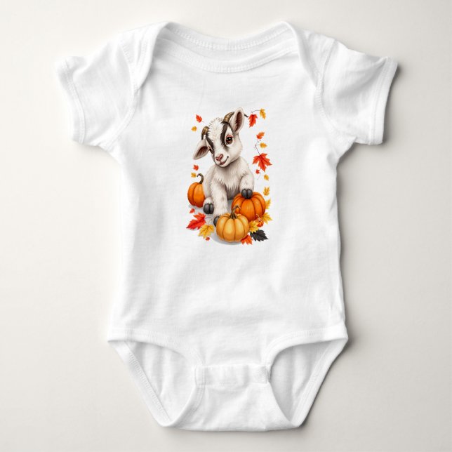 Adorable Baby Goat with Pumpkins Fall Baby Bodysuit (Front)
