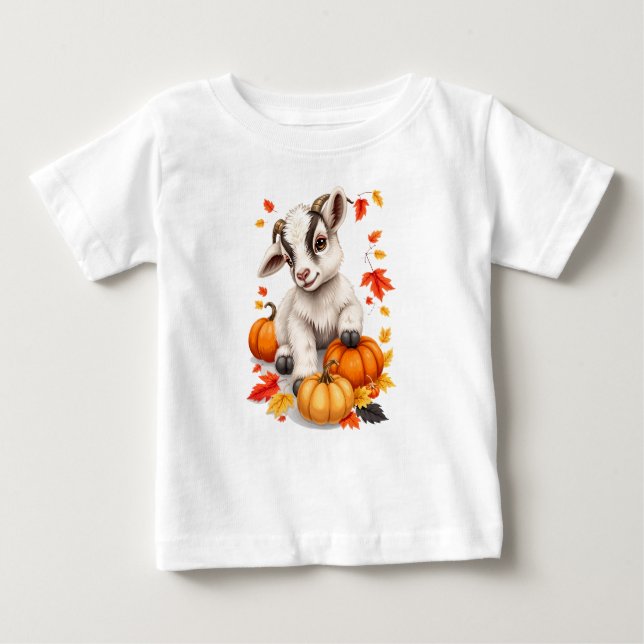 Adorable Baby Goat with Pumpkins Fall Baby T-Shirt (Front)
