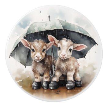 Adorable Baby Goats In The Rain Ceramic Knob by getyergoat at Zazzle